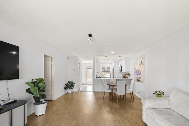 living room with a textured ceiling and light wood-type flooring