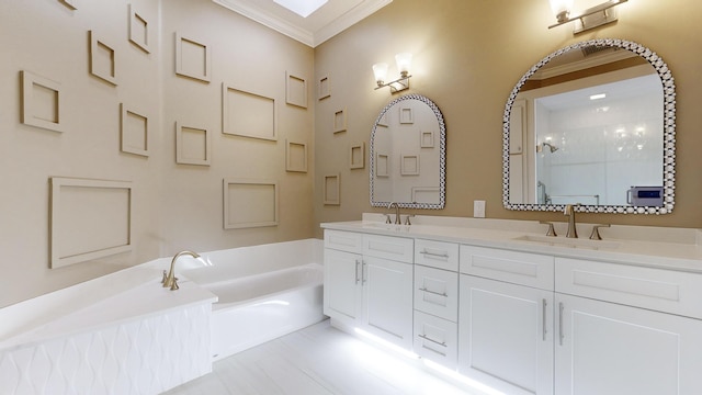 bathroom with ornamental molding, shower with separate bathtub, and vanity