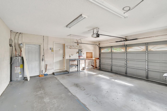 garage featuring a garage door opener, electric water heater, and electric panel