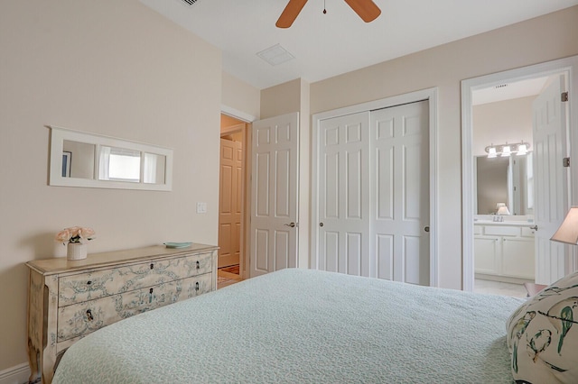 bedroom with connected bathroom and ceiling fan