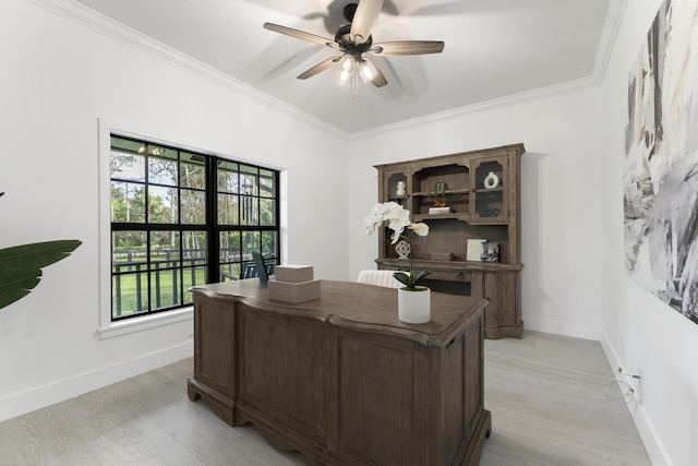 office space featuring ceiling fan, light hardwood / wood-style flooring, and crown molding