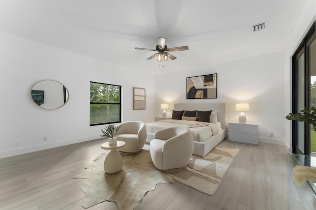 bedroom featuring ceiling fan and light hardwood / wood-style flooring