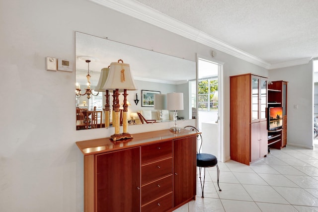 27 Abbey Ln Unit 205, Delray Beach, FL 33446 - hall with crown molding, light tile patterned flooring, a textured ceiling, and a notable chandelier