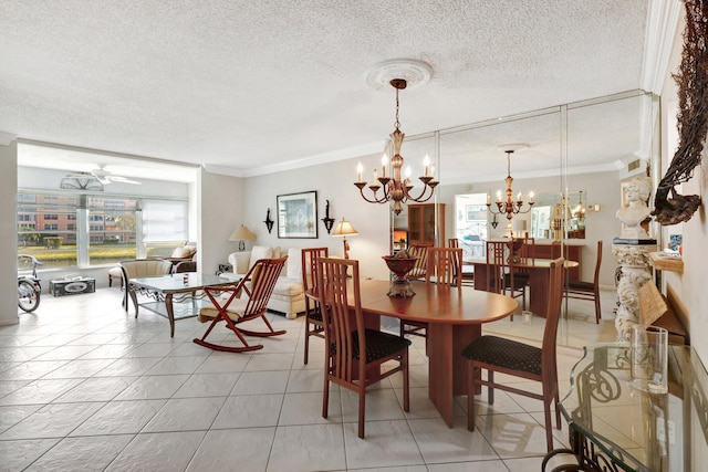 27 Abbey Ln Unit 205, Delray Beach, FL 33446 - tiled dining area with crown molding, ceiling fan with notable chandelier, and a textured ceiling