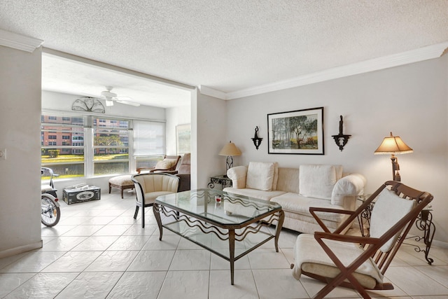 27 Abbey Ln Unit 205, Delray Beach, FL 33446 - living room featuring crown molding, light tile patterned flooring, a textured ceiling, and ceiling fan