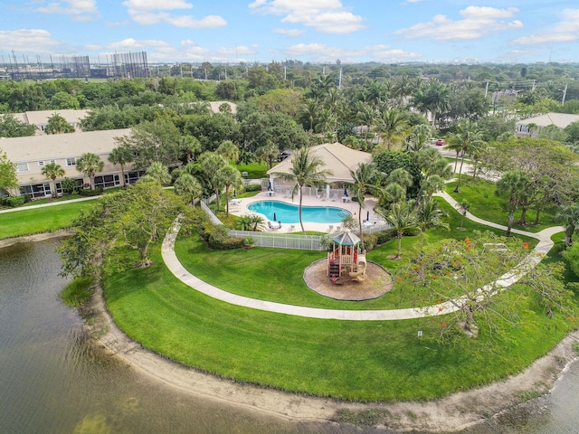 drone / aerial view featuring a water view