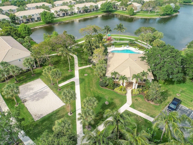 drone / aerial view with a water view