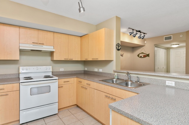 kitchen with light tile patterned flooring, sink, white electric range oven, kitchen peninsula, and light brown cabinets