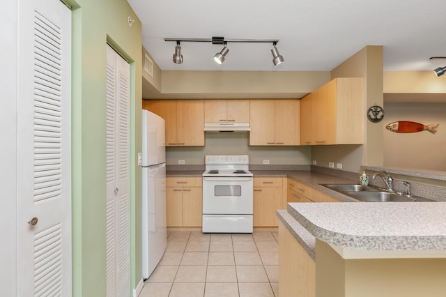 kitchen with sink, light brown cabinets, white appliances, and kitchen peninsula