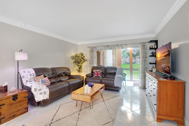 tiled living room with crown molding