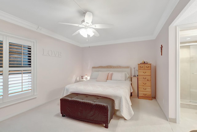 bedroom featuring crown molding, ensuite bath, and ceiling fan