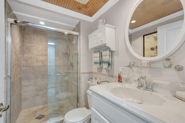 bathroom featuring a shower with door, vanity, toilet, wooden ceiling, and crown molding