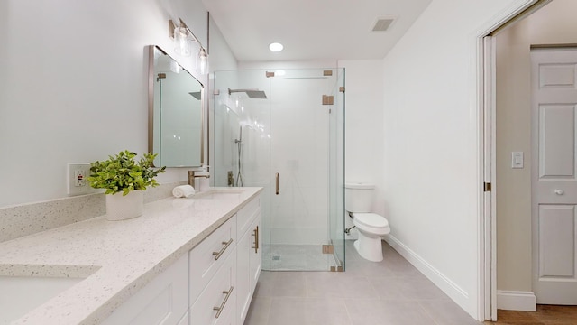 bathroom with toilet, walk in shower, tile patterned floors, and vanity