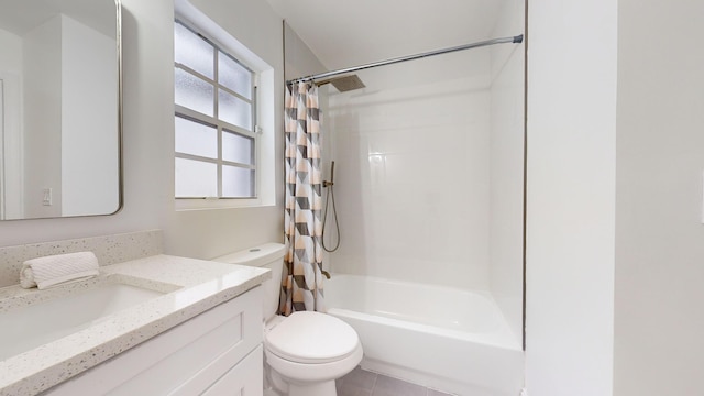 full bathroom featuring vanity, toilet, and shower / tub combo