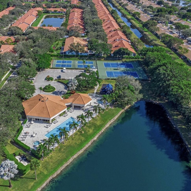 drone / aerial view with a water view