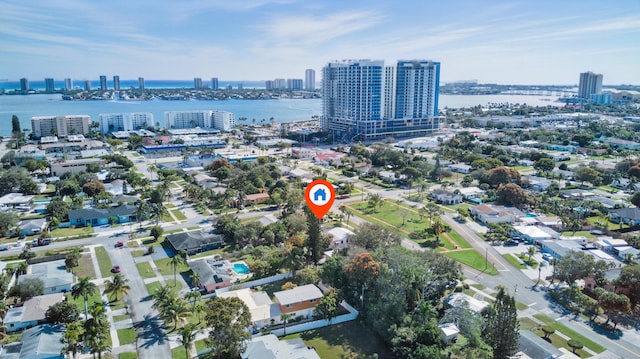 drone / aerial view with a water view