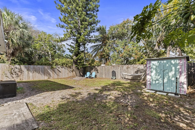 view of yard featuring a storage unit