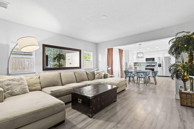 living room with a textured ceiling and light hardwood / wood-style floors