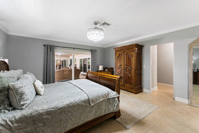 tiled bedroom with a chandelier and ornamental molding