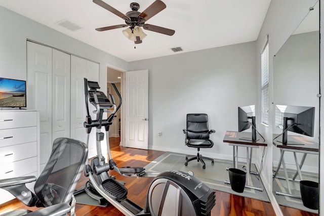 workout room featuring ceiling fan and hardwood / wood-style floors