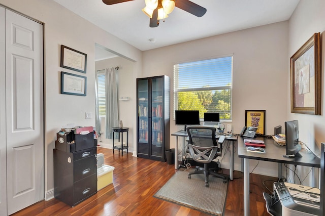 office with dark wood-type flooring, ceiling fan, and plenty of natural light