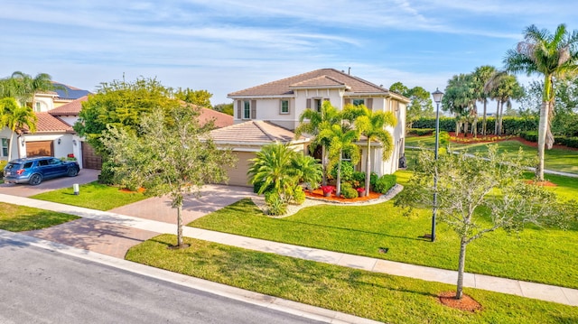 mediterranean / spanish house featuring a garage and a front lawn