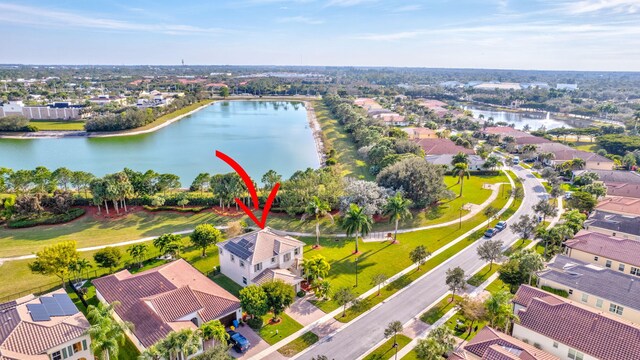 aerial view featuring a water view