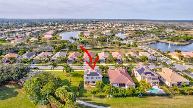 aerial view featuring a water view