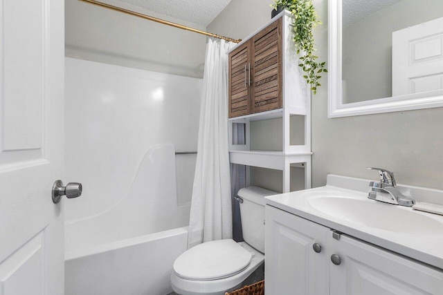 full bathroom featuring a textured ceiling, toilet, vanity, and shower / tub combo with curtain