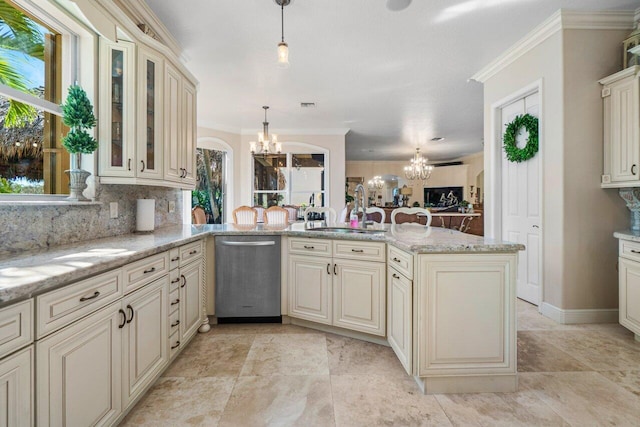 kitchen featuring sink, decorative light fixtures, stainless steel dishwasher, kitchen peninsula, and a chandelier