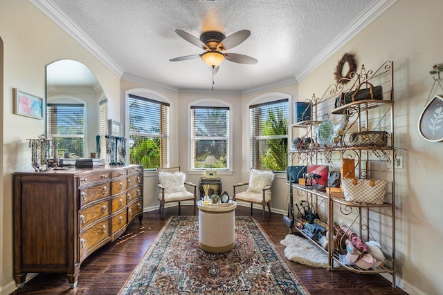 living area with dark hardwood / wood-style flooring, a textured ceiling, plenty of natural light, and ceiling fan