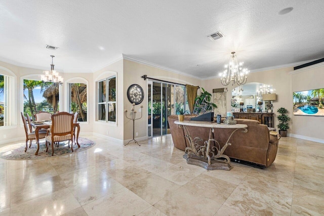 living room with a notable chandelier, crown molding, plenty of natural light, and a textured ceiling