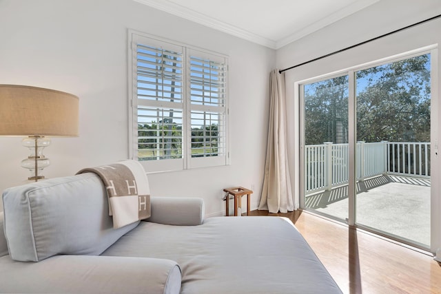 bedroom featuring multiple windows, crown molding, access to outside, and light wood-type flooring