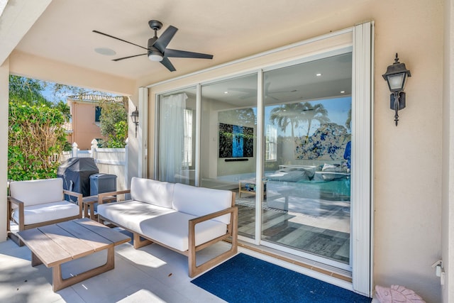 view of patio with a grill, an outdoor hangout area, and ceiling fan