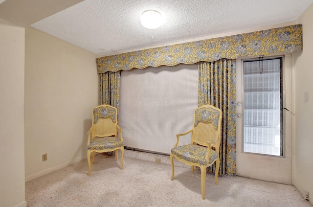 living area featuring a textured ceiling
