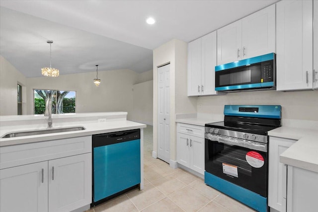 kitchen with dishwashing machine, sink, stainless steel electric range, white cabinets, and decorative light fixtures