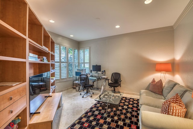 home office with ornamental molding