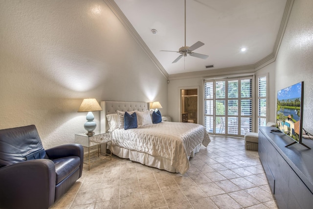 bedroom featuring crown molding, vaulted ceiling, and ceiling fan