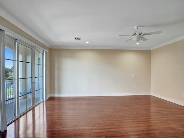 unfurnished room featuring crown molding, ceiling fan, and dark hardwood / wood-style flooring