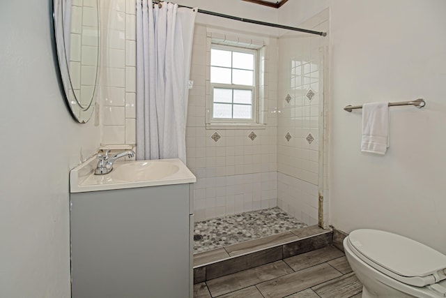 bathroom featuring vanity, toilet, and a shower with shower curtain