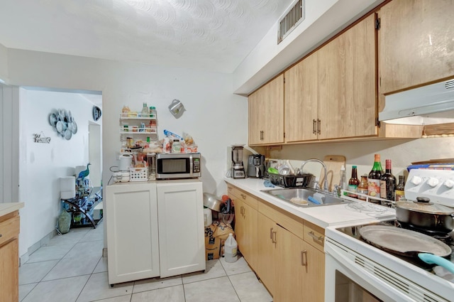 kitchen featuring light countertops, a sink, white electric stove, stainless steel microwave, and visible vents