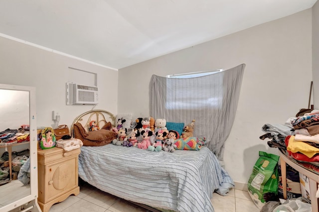 tiled bedroom with a wall unit AC