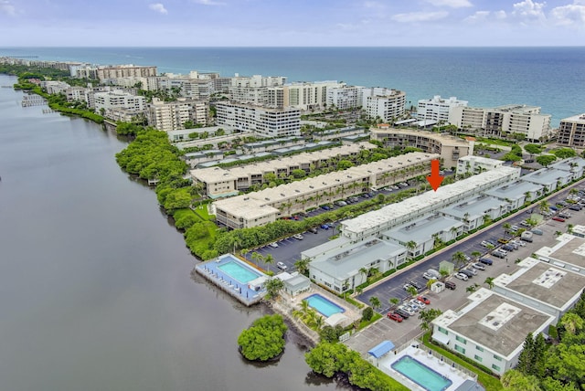 drone / aerial view featuring a water view