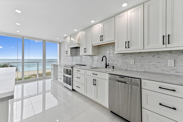 kitchen with sink, premium range hood, stainless steel appliances, a water view, and tasteful backsplash