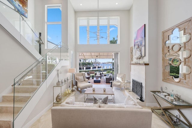 living room with a high ceiling