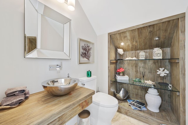 bathroom featuring lofted ceiling, toilet, and sink