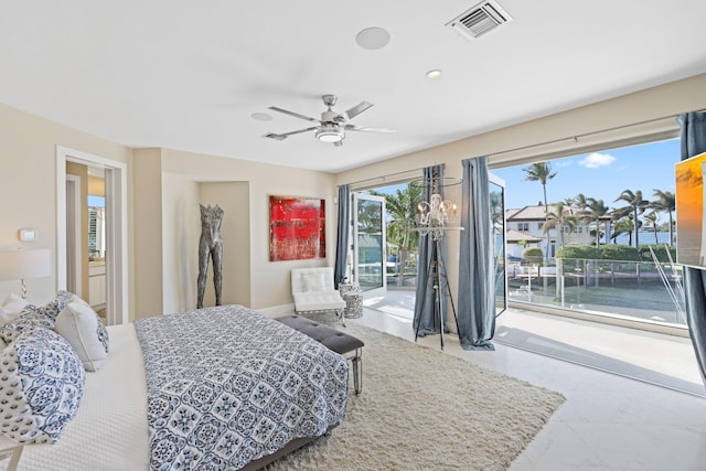 bedroom featuring access to outside and ceiling fan