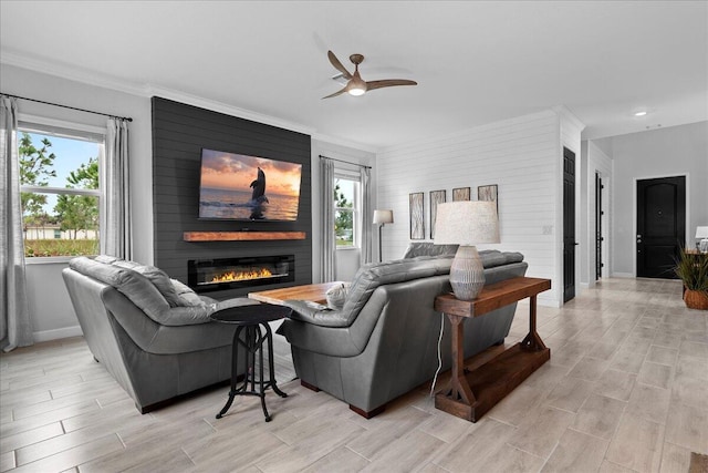 living room featuring ceiling fan, ornamental molding, and a fireplace