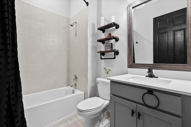 full bathroom with vanity, shower / bathtub combination with curtain, and toilet