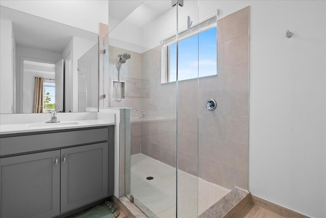 bathroom with vanity, plenty of natural light, and tiled shower